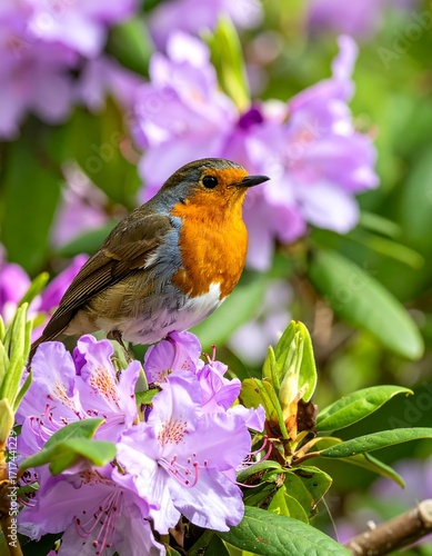 Robin perched on vibrant purple rhododendron