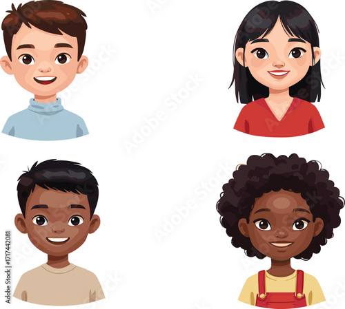 Cartoon children portraits, diverse kids faces, multicultural boys and girls, cute child illustration, smiling characters, happy children artwork, vector design