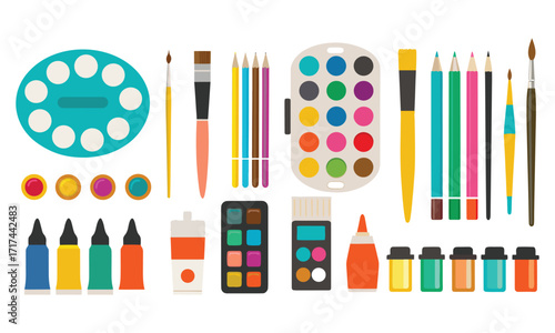 Colorful Art Supplies and Stationery Set Watercolors, Brushes, Pencils & Creative Tools