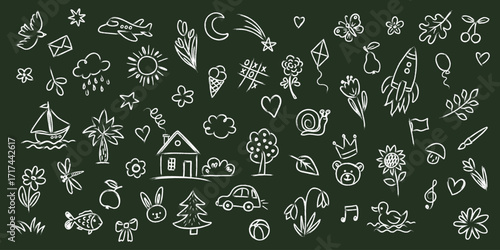 set sketches with kids' vector background elements. House, sun, flowers, airplane, tree, boat, clouds. Kids' chalk drawing on dark school blackboard. Vector, all objects isolated
