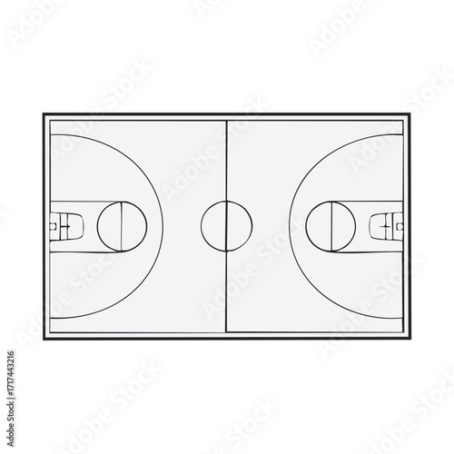 Simple black and white basketball court schematic aerial view illustration