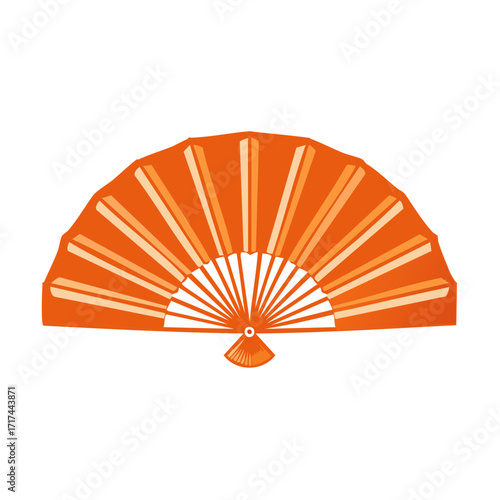 Orange hand fan with stripes, decorative traditional folding fan