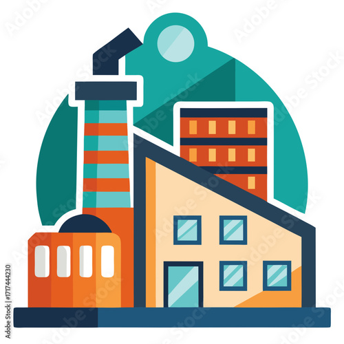 Modern industrial factory building with smokestack and offices