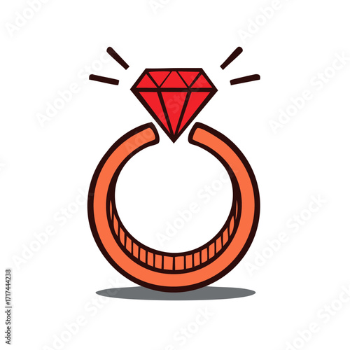 Bright red diamond gemstone ring with orange band and subtle shading