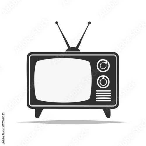 Classic television set icon vintage design with rabbit ear antenna black white