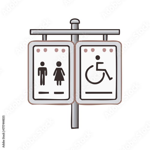 Restroom signpost showing men, women, and accessibility symbols for public facilities
