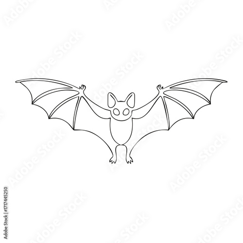 Minimalist black outline drawing of a bat in flight with spread wings a nocturnal creature