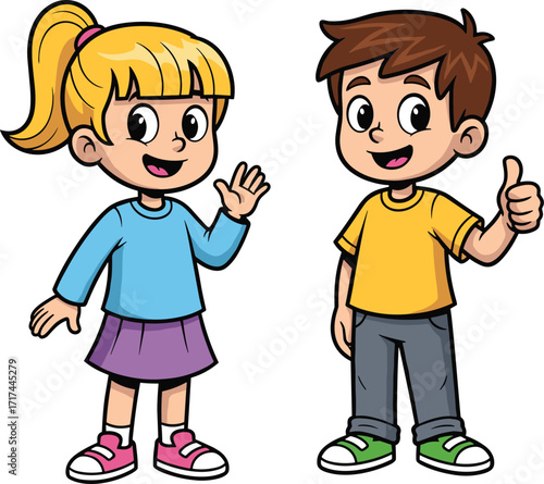 Cartoon girl and boy illustration, cute children characters, happy kids smiling, waving hand, thumbs up gesture, colorful outfit, playful childhood drawing