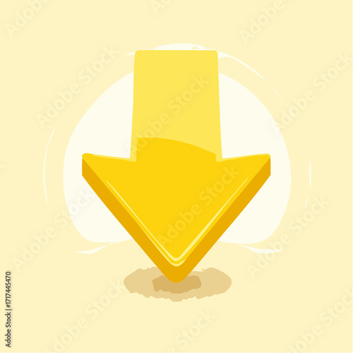 Bright yellow 3D cartoon arrow icon illustrating downward direction, perfect for user interface elements, download indicators, and navigational design graphics