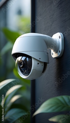 Security camera mounted on wall with plants in background for surveillance system