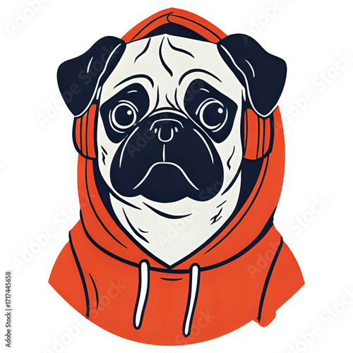 A pug in a hoodie with headphones, looking cool | pug dog portrait | dog wearing a hoodie | english bulldog wearing a hoodie | pug dog wearing a hoodie | pug dog wearing a hoodie | pug dog