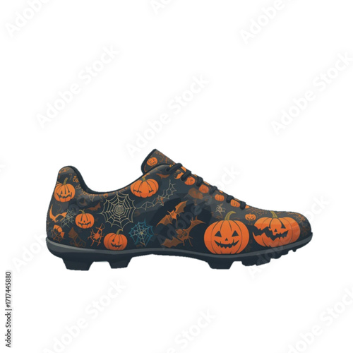 Illustration of Halloween patterned soccer shoes on a plain background 