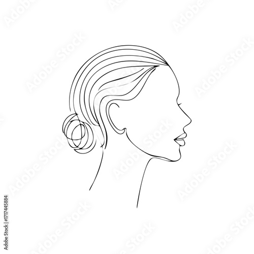 Elegant Woman Profile Silhouette with Hairstyle Bun in Continuous Line Art Style on White Background