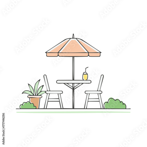 Outdoor patio cafe table with chairs umbrella and drink in simple flat illustration style