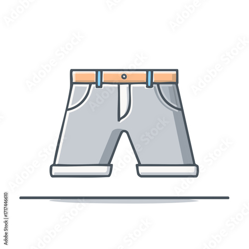 Grey casual shorts with a brown belt, modern flat design illustration