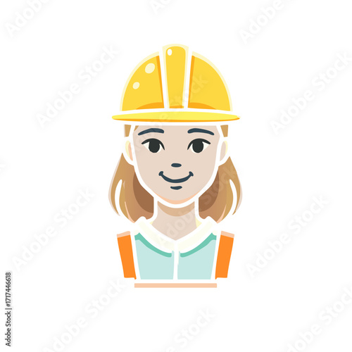 Illustration of a woman in a hardhat and safety vest depicting a construction worker or engineer with a minimalist design style and a friendly face