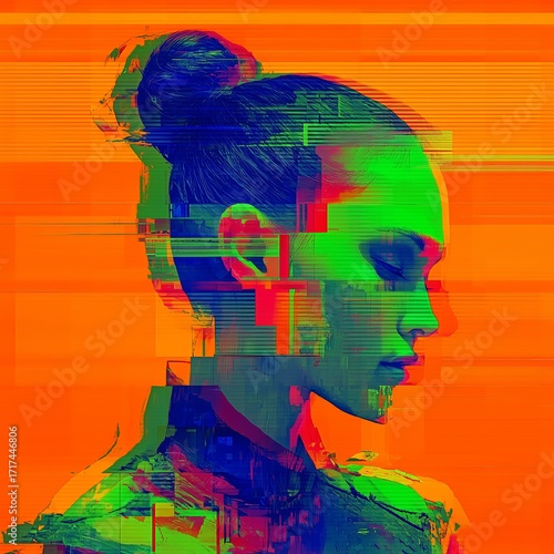 A stylized digital artwork depicts a woman's profile with her hair in a bun, featuring a glitch effect in vibrant neon colors of green, blue, and red against an orange background.