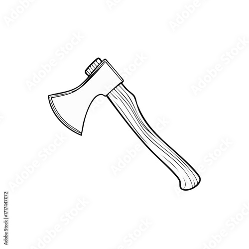 Line art illustration of a hand axe with a wooden handle and metal head isolated on white