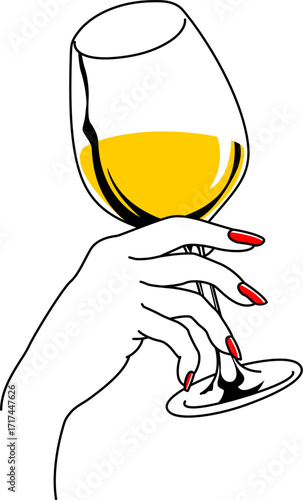 Minimalist Line Art Hand Holding Wine Glass with Red Manicure