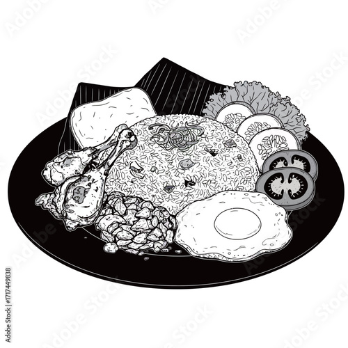 black and white silhouette of fried rice vector on white background