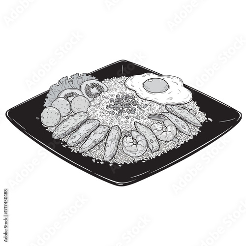 black and white silhouette of fried rice vector on white background