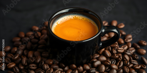 Fresh espresso with golden crema in black ceramic cup surrounded by roasted coffee beans on dark background, macro food photography