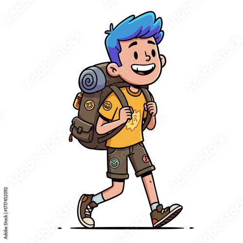 A cheerful blue-haired hiker walks with a large backpack and sleeping mat, dressed in sunny outdoor gear and ready for a fun camping journey.