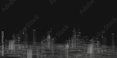 Black and white city skyline with skyscrapers arranged in a grid-like pattern against a dark background, resembling a wireframe pack of urban architecture.