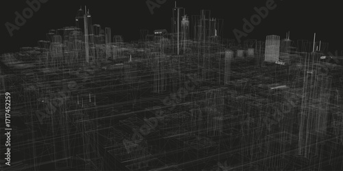 Black and white 3D wireframe city model pack with detailed skyscrapers and urban cityscape.