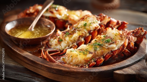 Delicious Grilled Lobster Tails Served with Garlic Butter Sauce on a Rustic Wooden Platter Ideal for Gourmet Dining Experiences
