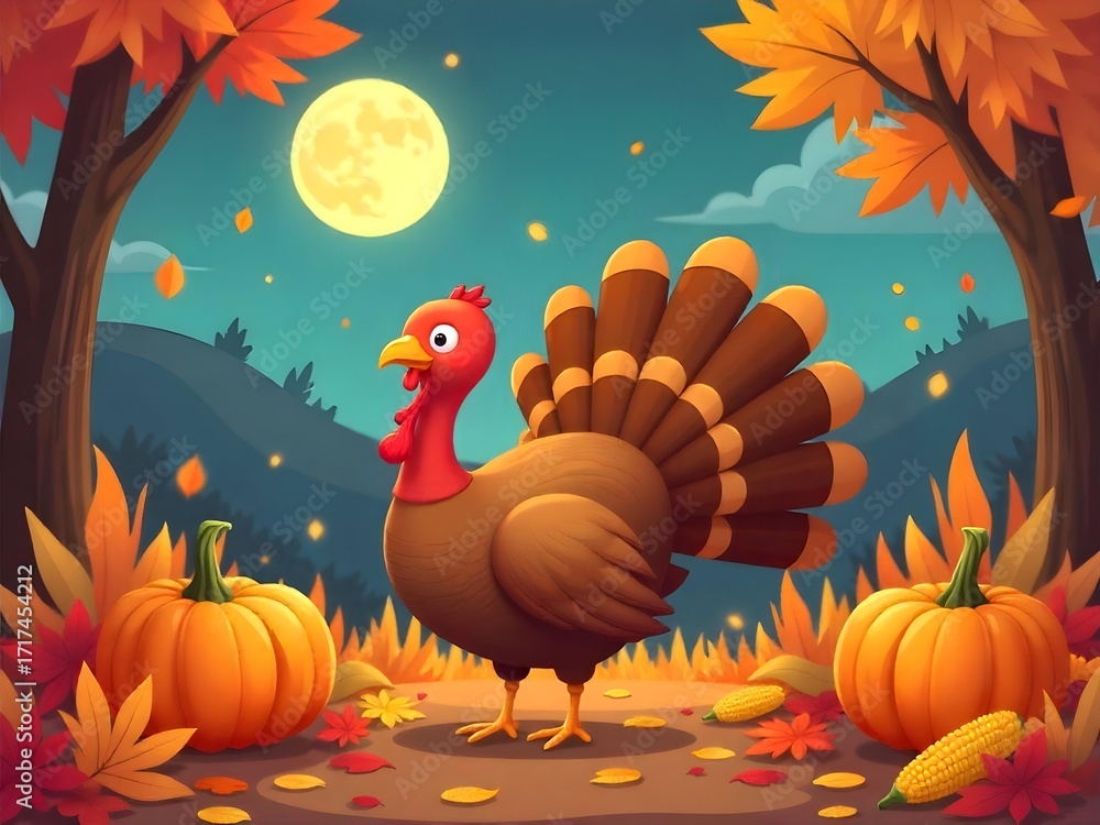 Fototapeta premium AI generated cozy cartoon turkey autumn harvest