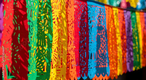 Photorealistic Papel Picado Hanging with Detailed Paper Textures and Natural Shadows