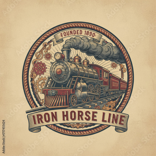 Vintage railroad logo, steam train illustration, bold letters