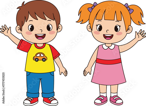 cute cartoon boy and girl illustration, happy children waving hands, smiling kids vector, adorable child characters design, childhood clipart art