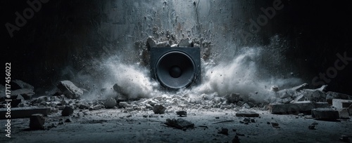 Dynamic Destruction: A Powerful Speaker Bursts Through the Wall, Creating an Explosive Scene of Debris and Sound Energy