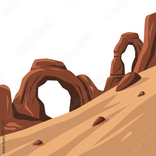 Desert Landscape with Natural Rock Arches and Sandy Terrain Illustration