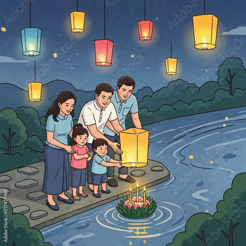 Family releasing sky lanterns and floating candles by the river at night.