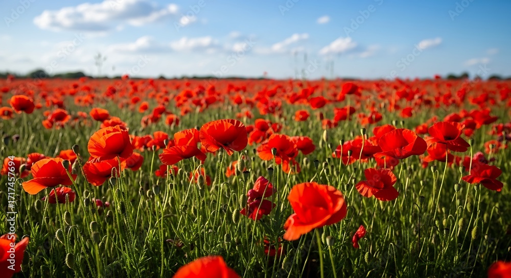 Fototapeta premium Field of vibrant red poppy flowers under a bright blue sky.