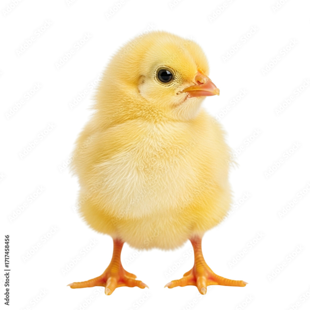 Obraz premium Adorable fluffy yellow baby chick standing against a white background