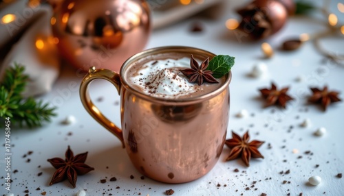 festive chocolate peppermint shake served in a copper mug, garnished with star anise, rendered on pure white with soft clarity.