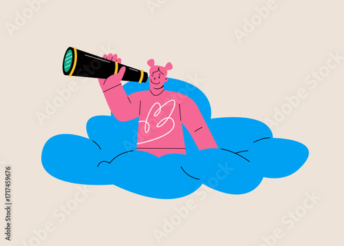 Woman look through telescope to find new opportunities. Colorful vector illustration