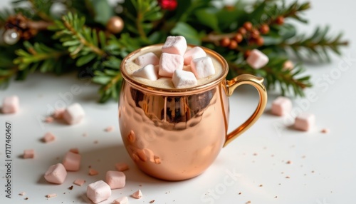 a copper mug of peppermint latte, with marshmallows floating on top, displayed on seamless white background with minimal shadow.
