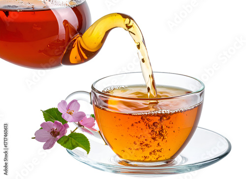 PNG of a teapot pouring tea into a glass cup, isolated on transparent background