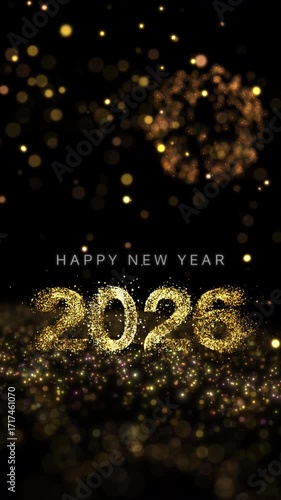 Happy New Year 2026 Celebration with Golden Sparkling Particle and firework background. Isolate transparent background, Alpha channel ready
