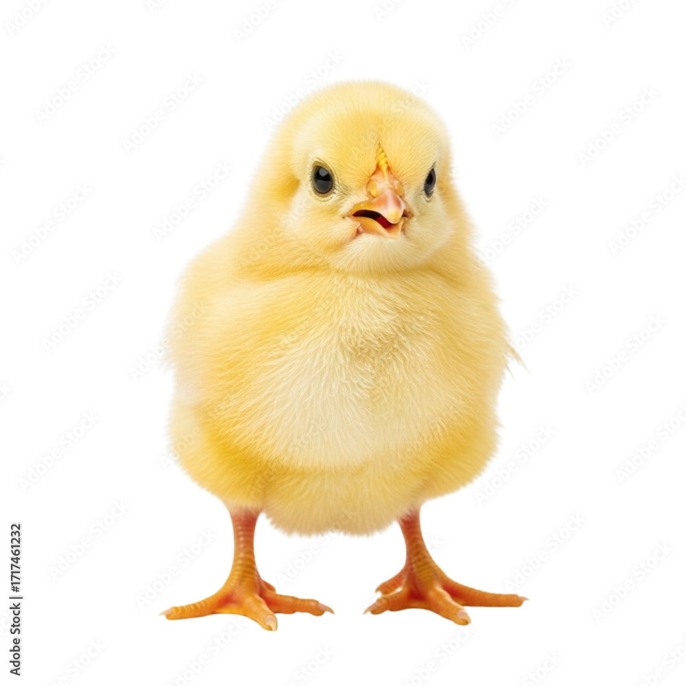 Obraz premium Adorable fluffy yellow baby chick standing against white background