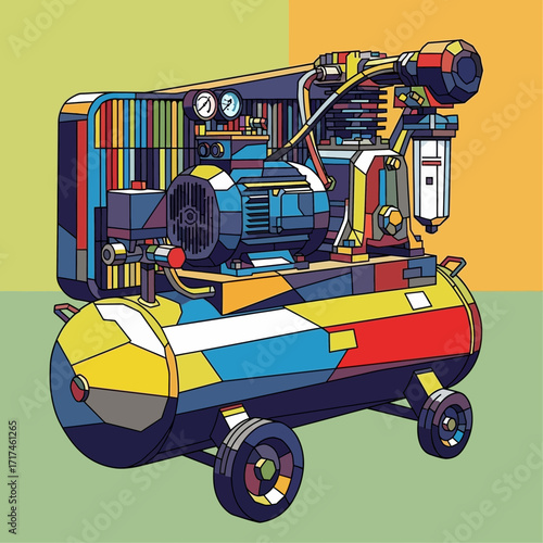 Colorful air compressor illustration with wheels against a two-tone background.