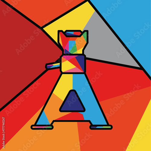 Abstract geometric illustration of a car jack with vibrant color blocks.