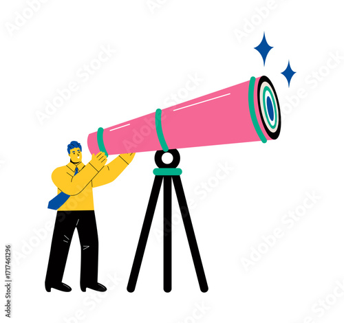 Business man look through big telescope to find target or goal. Flat vector illustration isolated on white background
