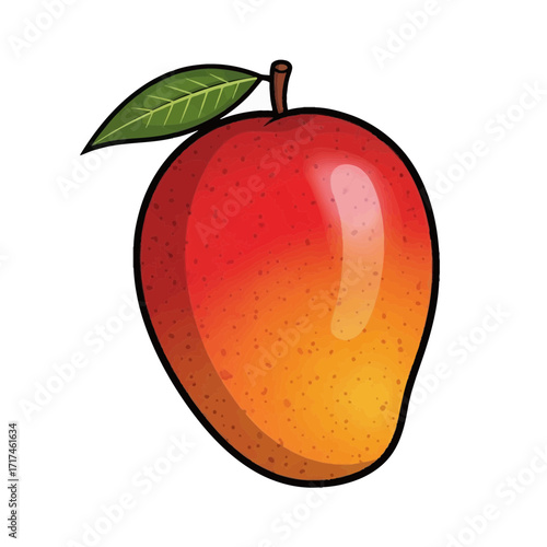 A single mango fruit with a leaf isolated on a white background.