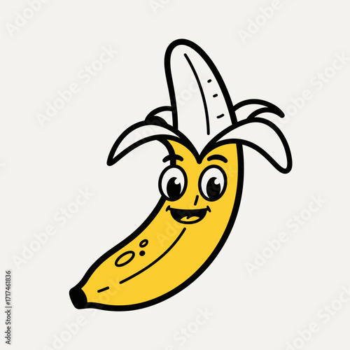 Cartoon banana with face partially peeled on a light background.